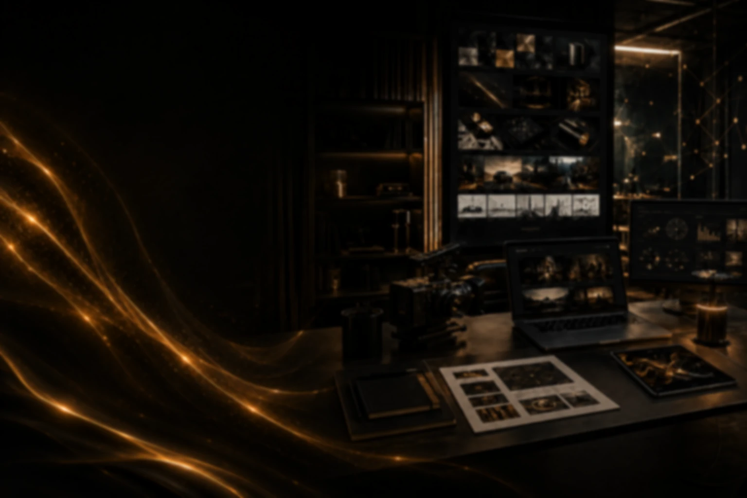 Dark creative production workspace with a cinema camera, editing monitors, laptop and printed contact sheets lit by flowing gold light